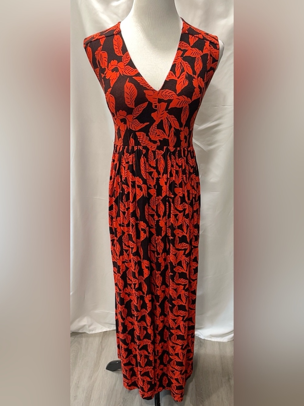 Plenty by Tracy Reese Petite Maxi Dress Womens SP Red Black Leaf Print V-Neck
